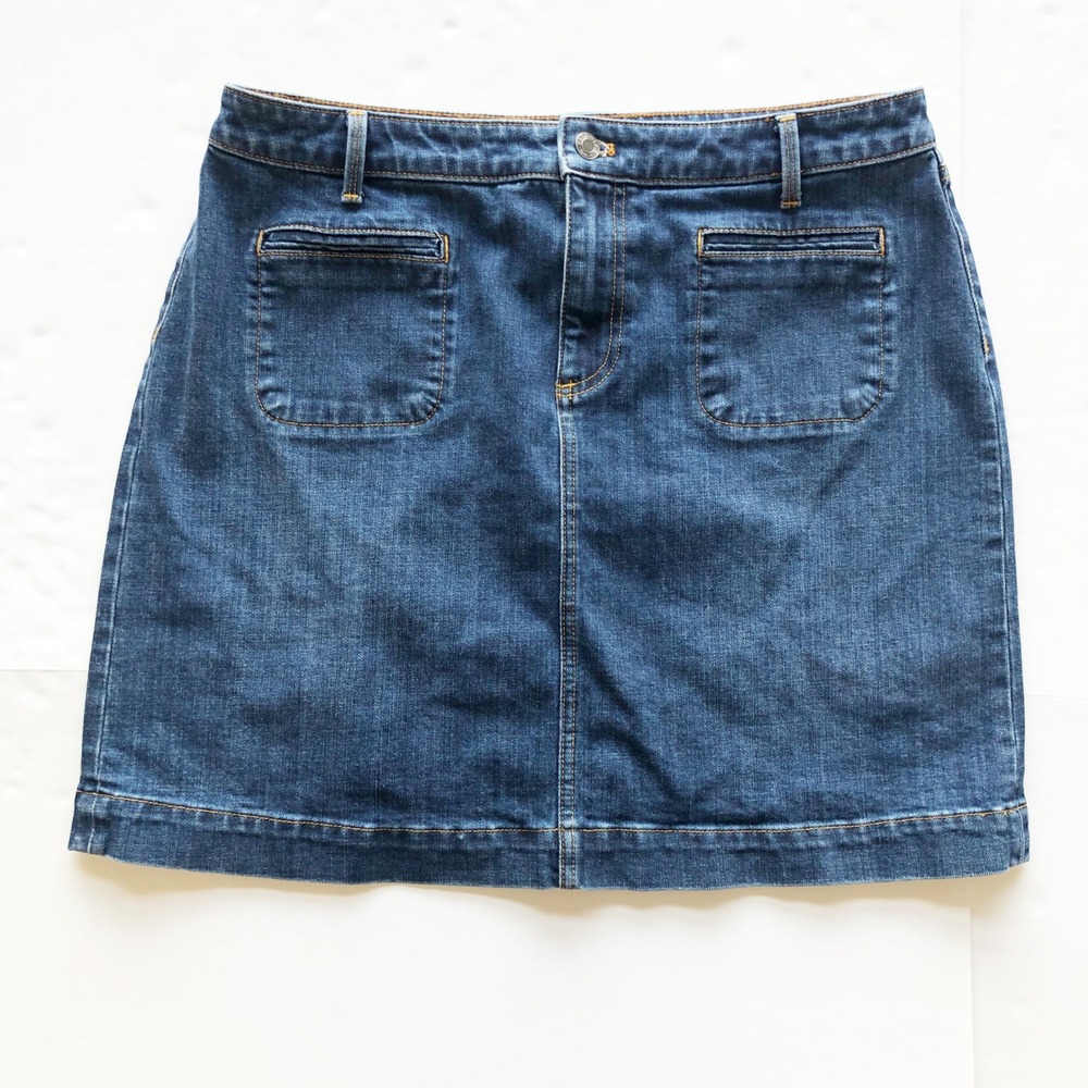 Talbots Skirt Womens 14 Petite Dark Wash Denim Mini Patch Pocket - Picture 2 of 7